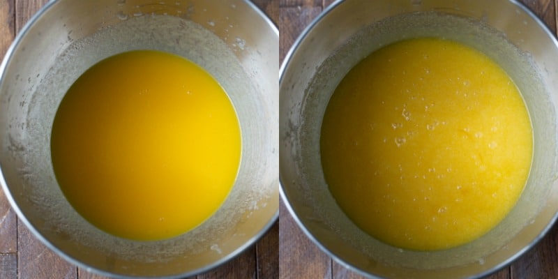 Melted butter in a silver mixing bowl
