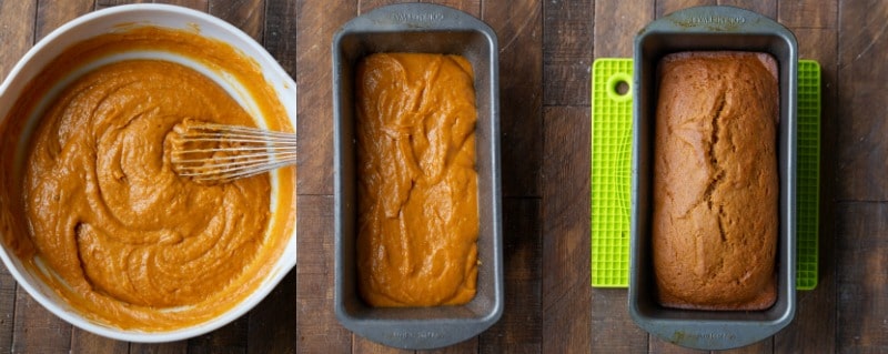 Pumpkin bread batter in a bowl and a loaf pan