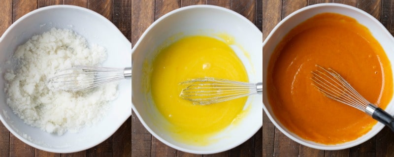 Ingredients for pumpkin chocolate chip bread in a white mixing bowl