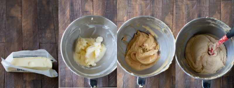 Butter and peanut butter in a mixing bowl for ultimate peanut butter cookies