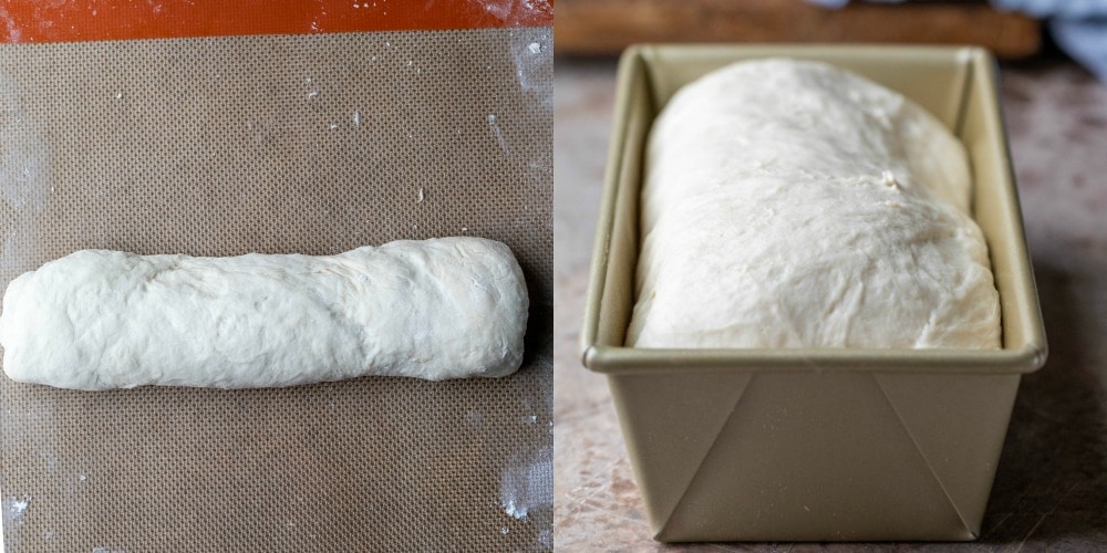 Unbaked white bread dough in a gold baking pan