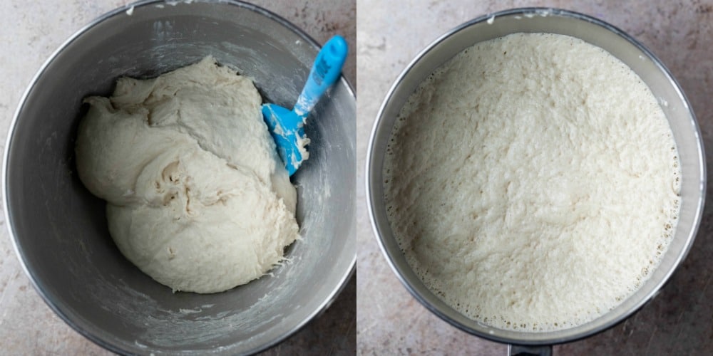 Risen white bread dough in a silver mixing bowl