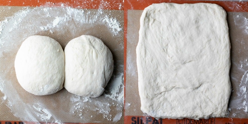 Two pieces of white bread dough on a floured surface