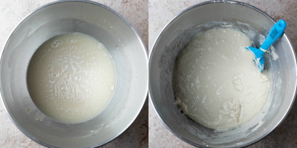 yeast in water in a silver mixing bowl