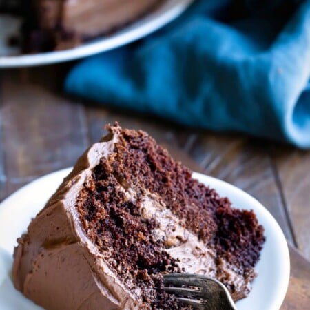 Slice of chocolate fudge cake on a white plate with a fork in it