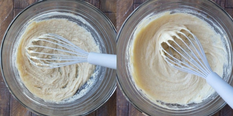 Butter and sugar in a glass mixing bowl for M&M cookies