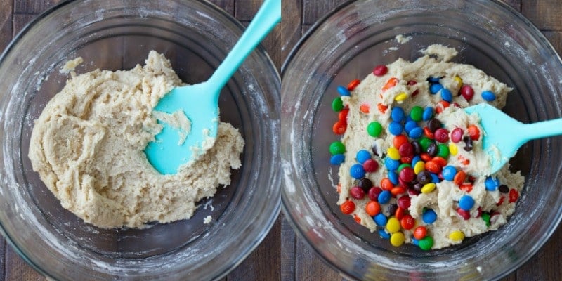 M&M cookie dough in a glass bowl 