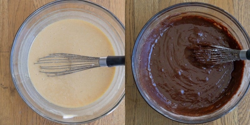 Chocolate fudge cake batter with a whisk in it