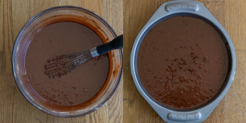 Chocolate fudge cake batter in a cake pan