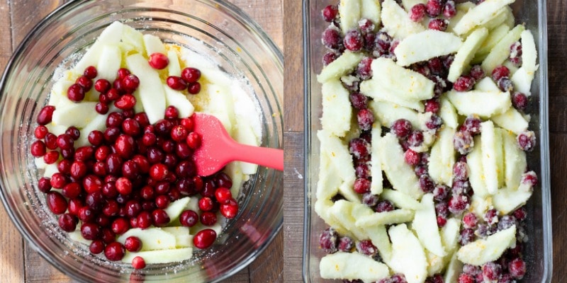 Cranberries and apples in a glass bowl for cranberry apple crisp