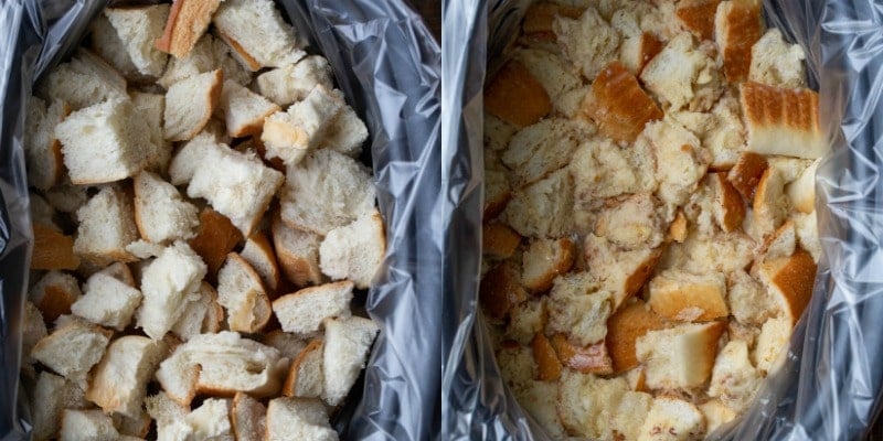 Bread cubes in a slow cooker insert for crock pot French toast