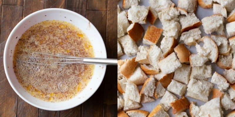 Dried bread cubes and egg mixture for crock pot French toast