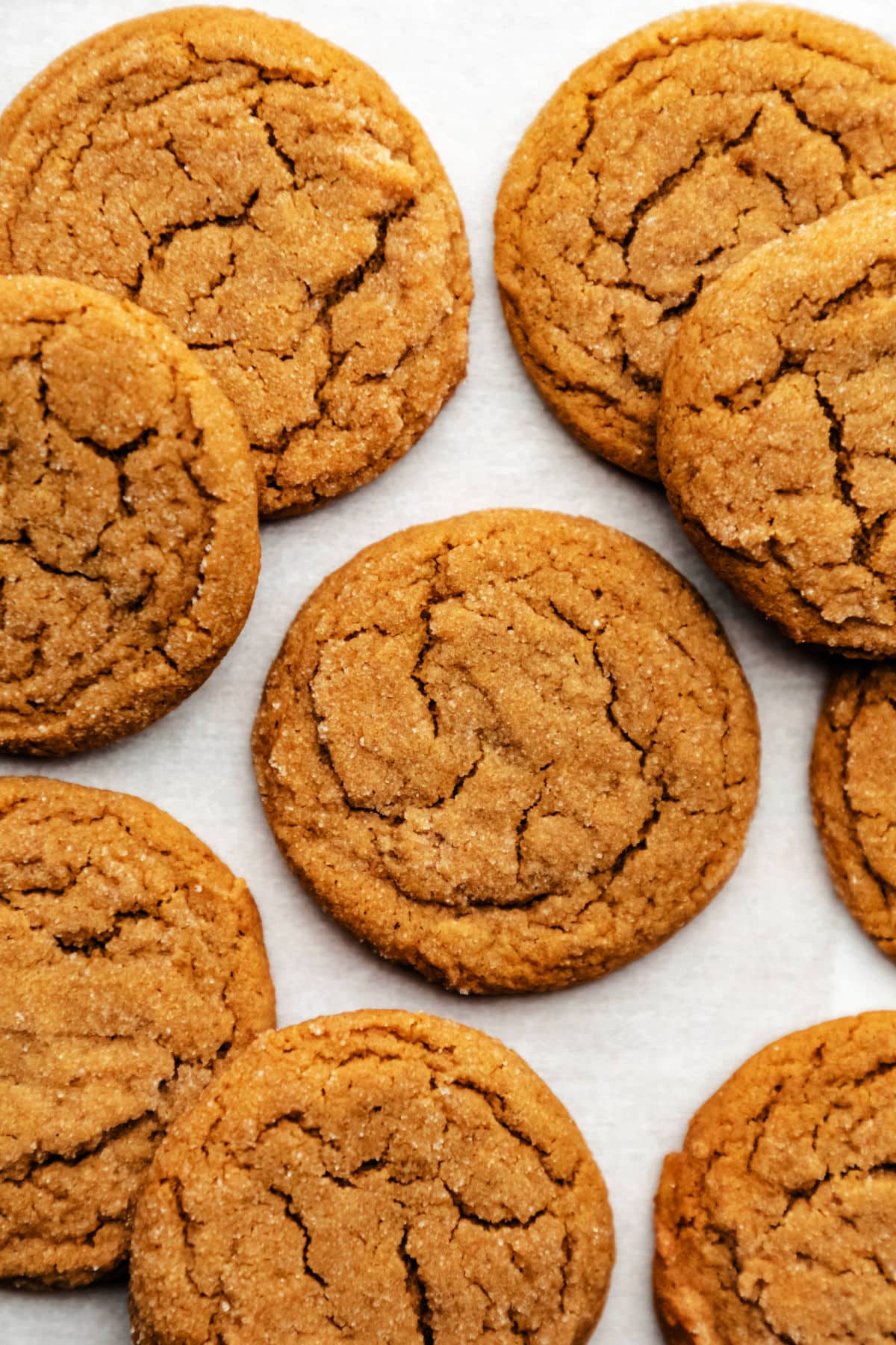 Molasses cookies stacked surrounding a center cookie. 