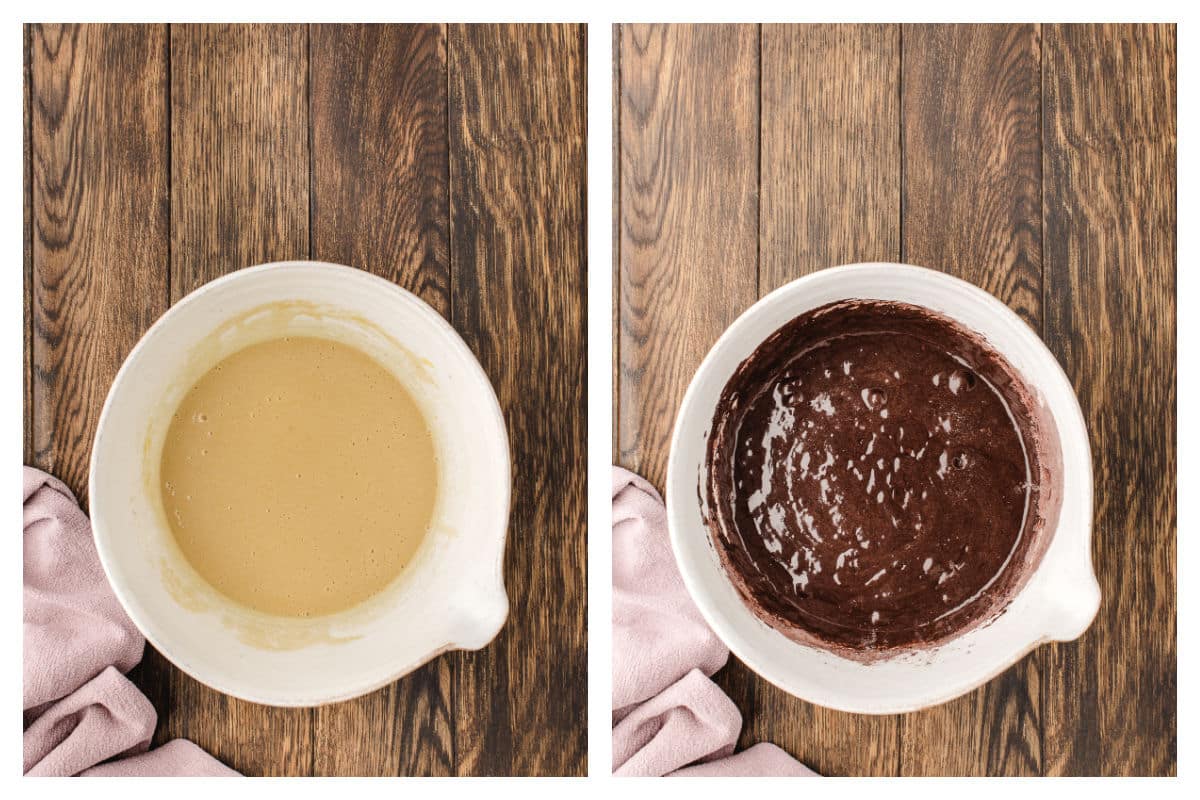 Sour cream and vanilla mixed into batter next to dry ingredients whisked in.