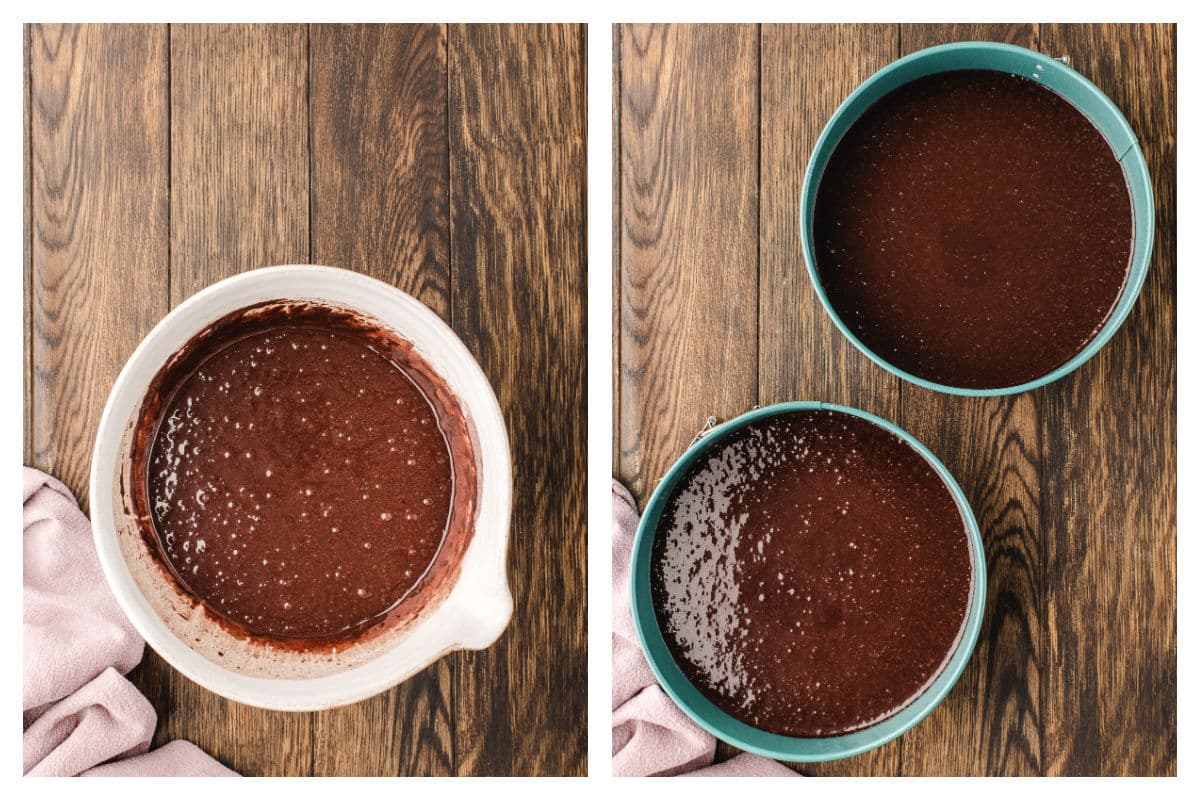 Water whisked into cake batter next to chocolate fudge cake batter in cake pans.