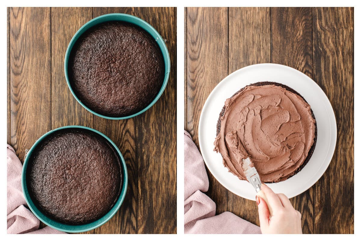 Baked chocolate fudge cakes in cake pans next to the cake being frosted. 