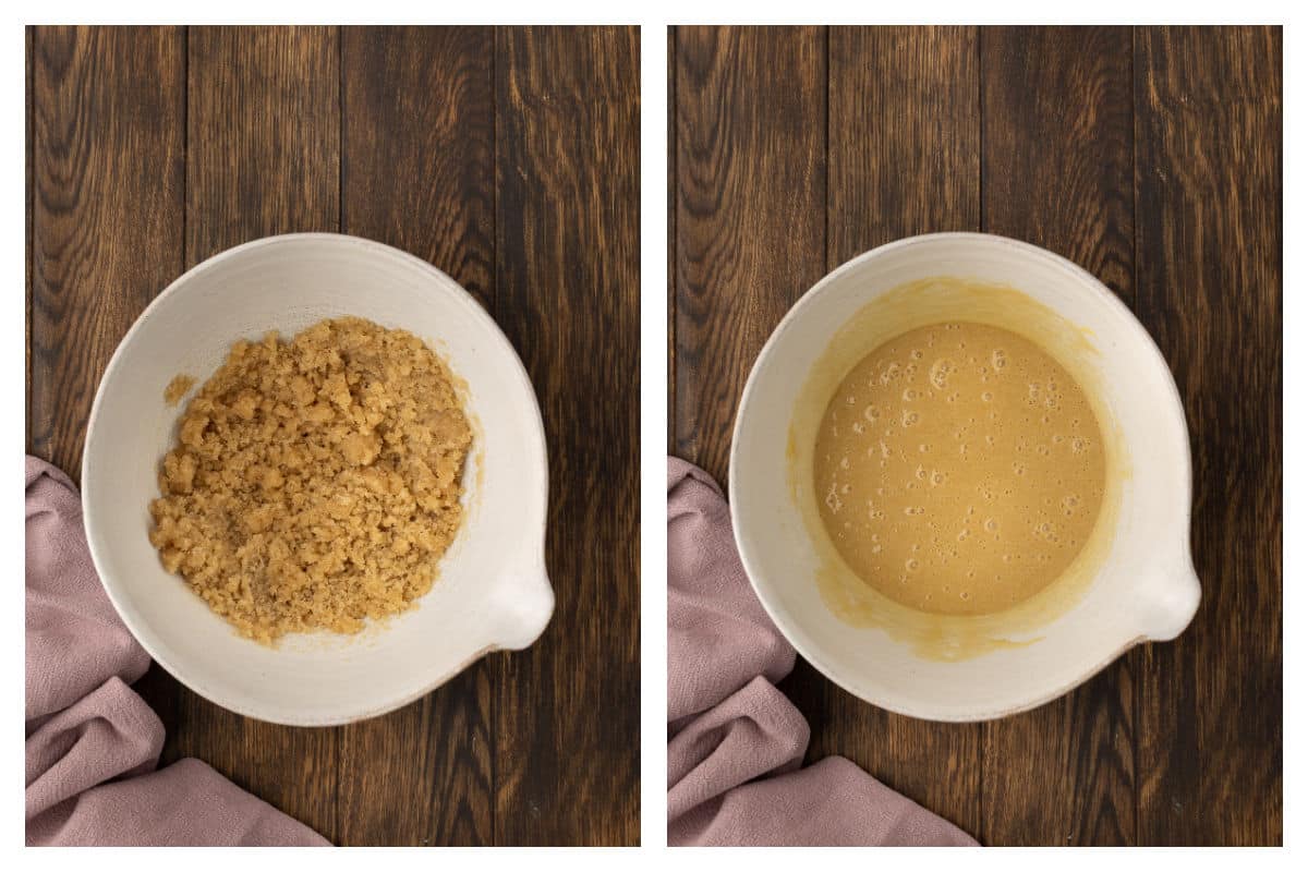 Oil and sugar whisked together next to egg mixed in.