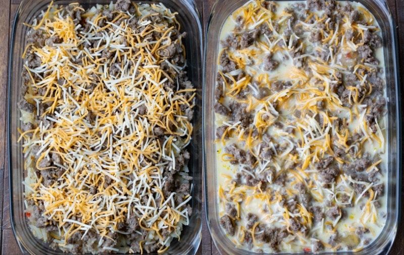 Uncooked sausage breakfast casserole in a glass baking dish