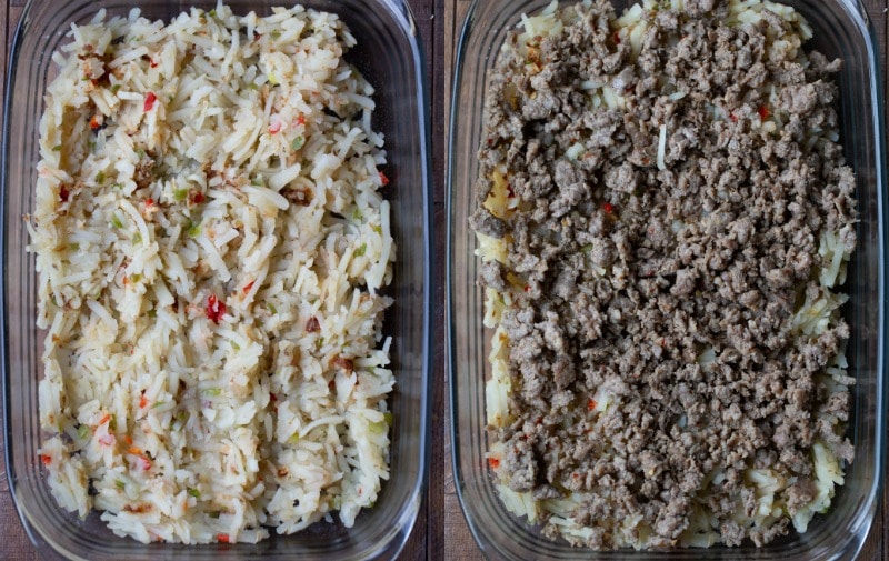 Hash browns and sausage in a baking dish