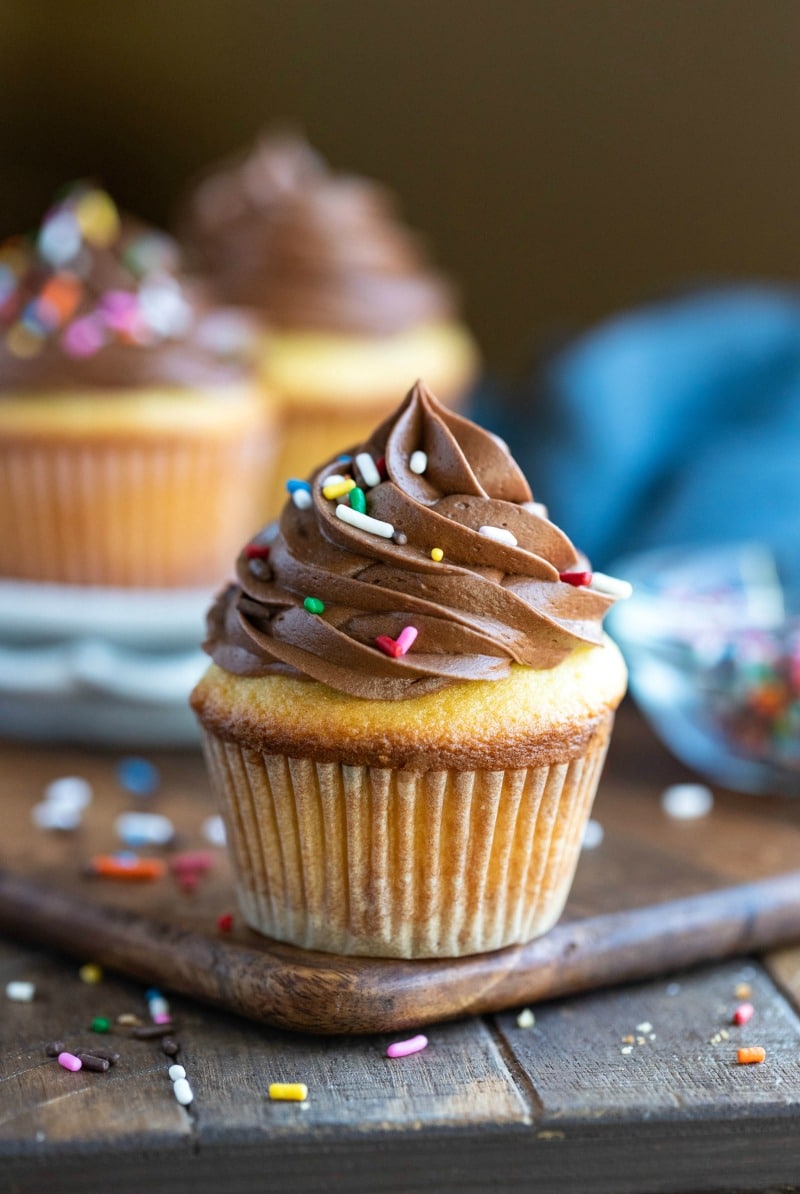 Yellow cupcake with chocolate frosting