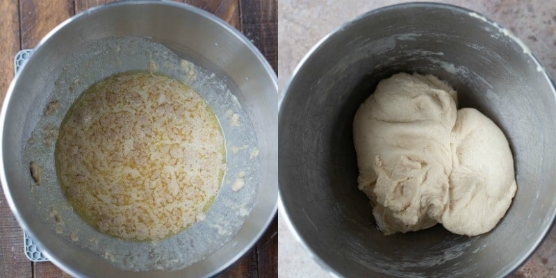 Yeast proofing in a silver mixing bowl