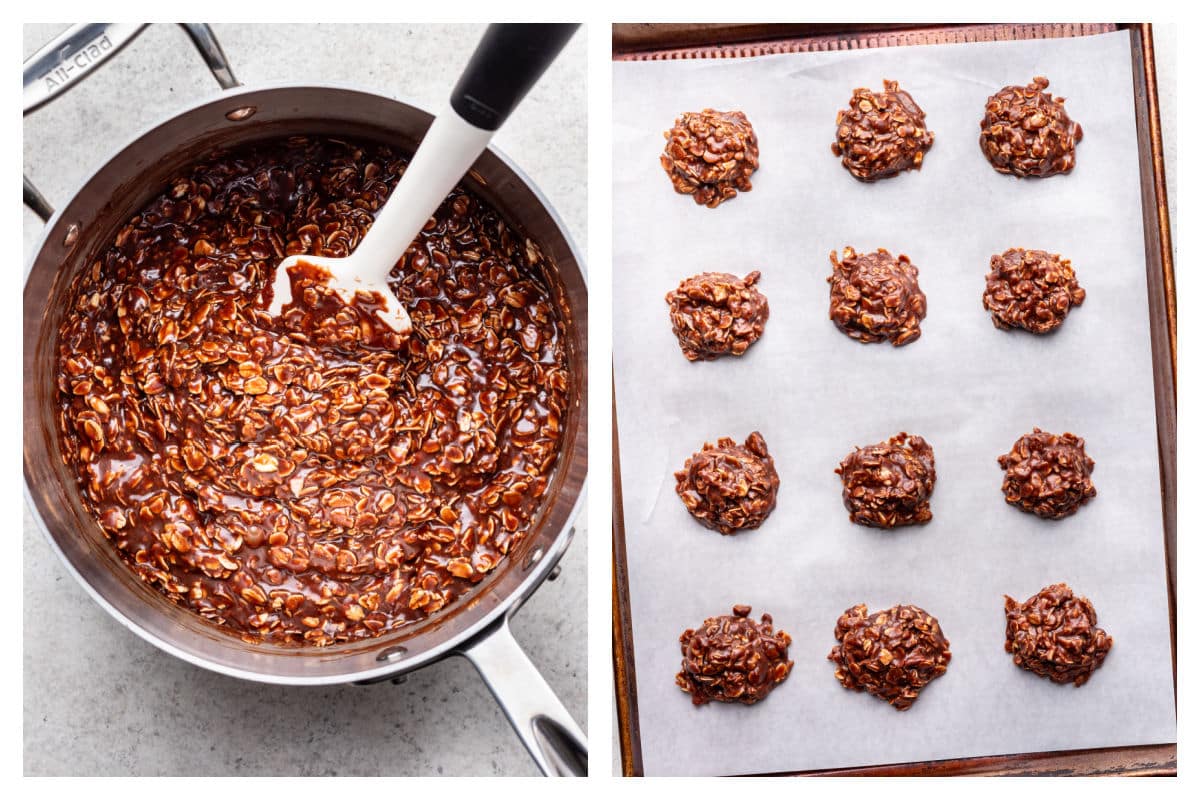 No bake cookie mixture in a saucepan next to cookies on a piece of parchment paper. 
