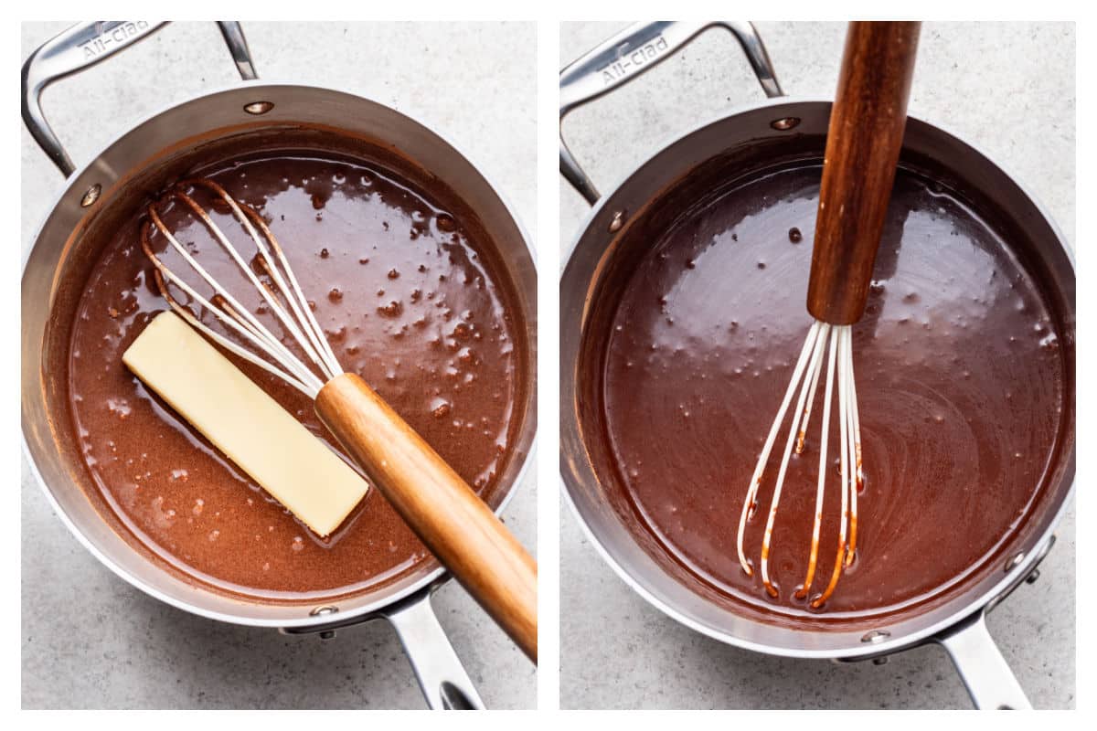 Butter melting in a saucepan next to melted chocolate mixture in saucepan.