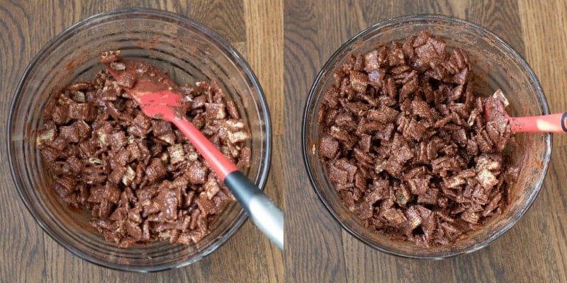 Puppy chow snack mix in a glass bowl