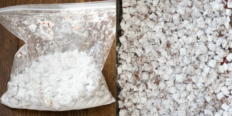 puppy chow and powdered sugar in a resealable bag