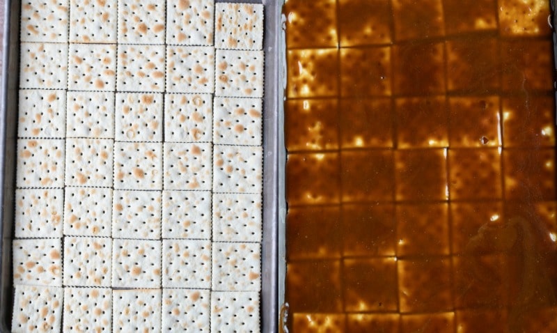 Crackers in a pan for saltine toffee