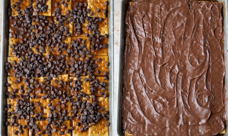 Chocolate chip on top of saltine toffee
