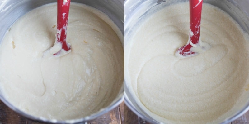 yellow cake batter in a silver mixing bowl