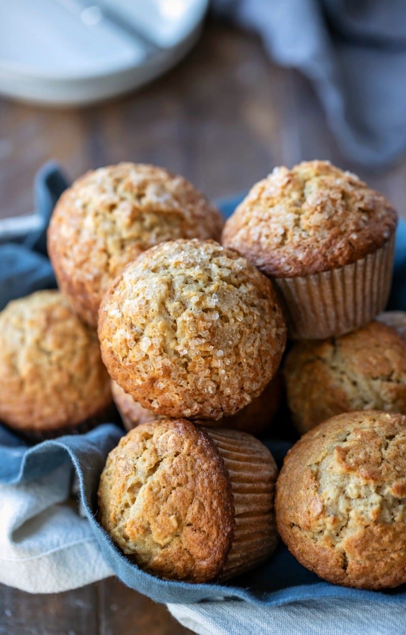 Oatmeal muffins in linen-lined basket