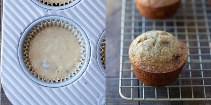 Banana bread muffin batter in a muffin tin