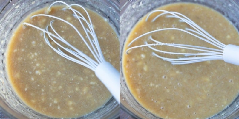 Banana bread muffin batter with a whisk in it