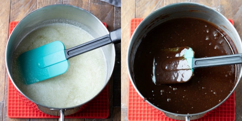 Flourless brownie batter in a saucepan