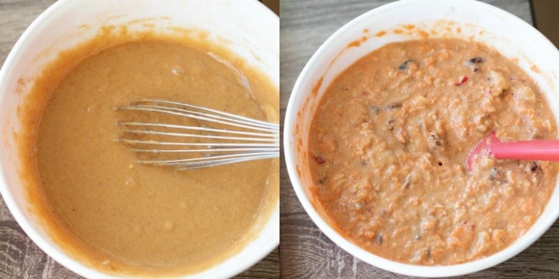 Morning glory muffin batter in a mixing bowl