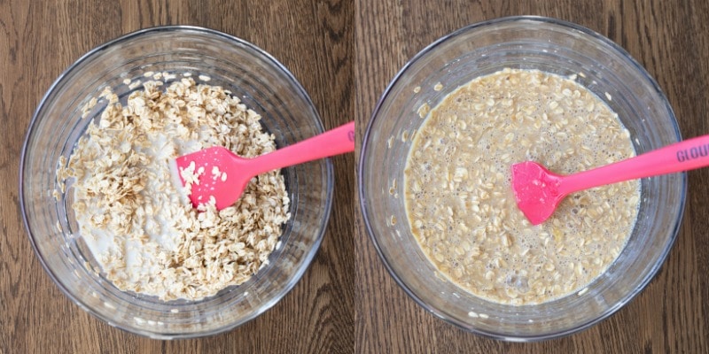 Milk and oatmeal in a glass bowl for oatmeal muffins