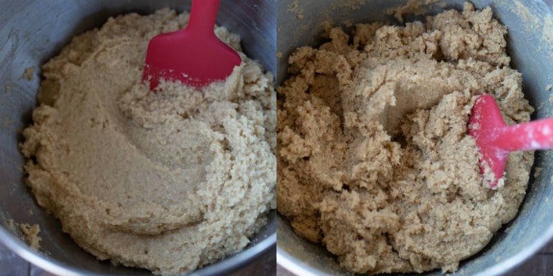 Whole wheat chocolate chip cookie dough in a silver mixing bowl