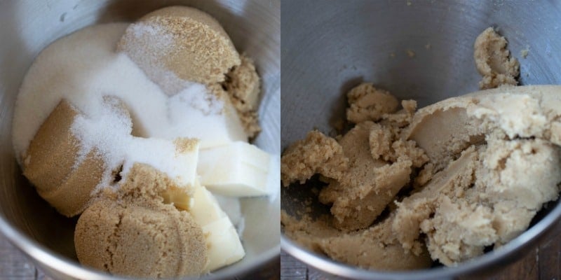 Sugar and butter in a mixing bowl for whole wheat chocolate chip cookies