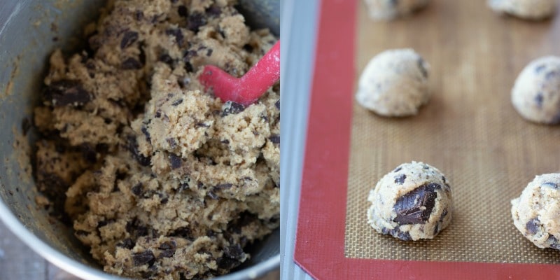 Whole wheat chocolate chip cookie dough on a baking mat