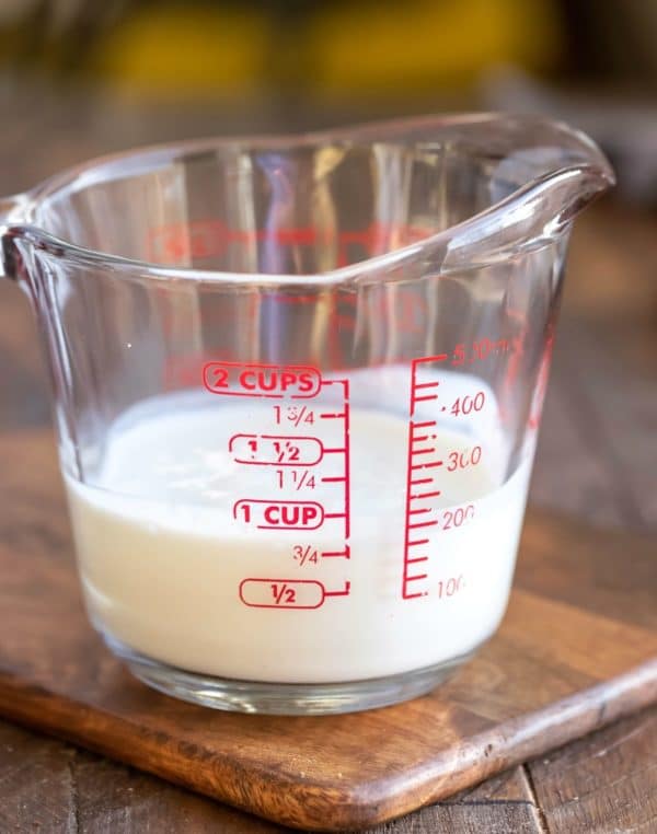 Buttermilk substitute in a glass measuring cup