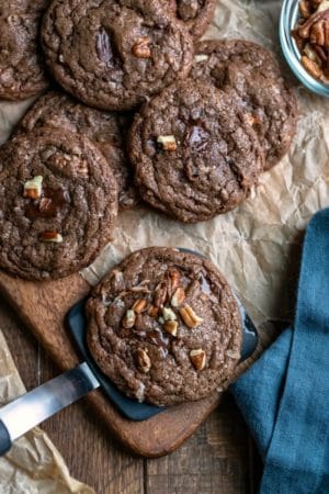 German chocolate cookies on a cookie spatula