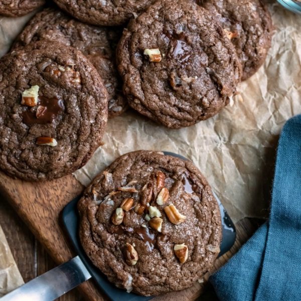 German chocolate cookies on a cookie spatula