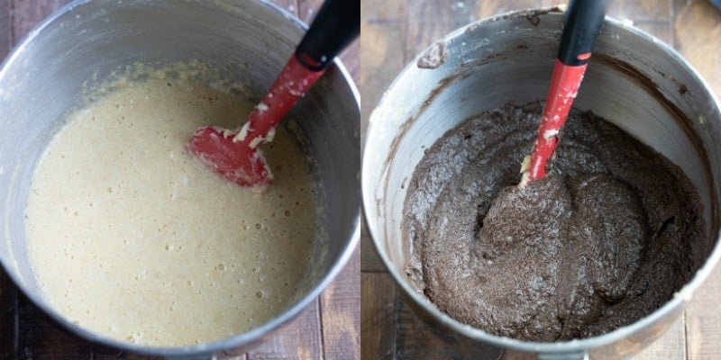 Chocolate pound cake batter in a silver mixing bowl