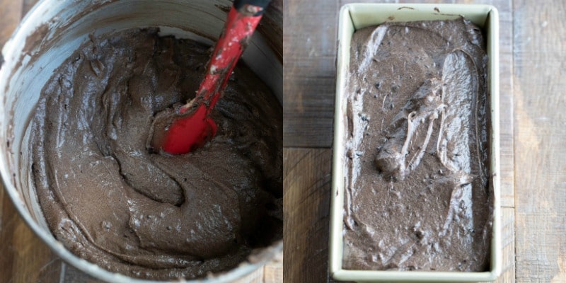 Chocolate pound cake batter in a loaf pan