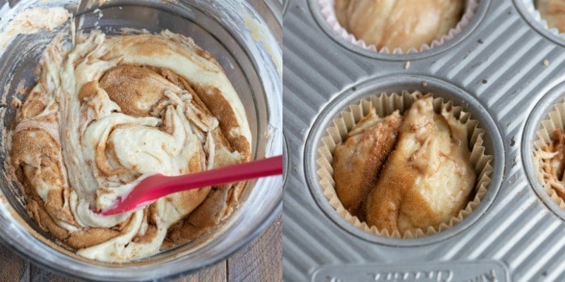 Cinnamon muffin batter in a muffin tin