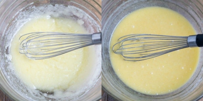 Butter and sugar in a mixing bowl for cinnamon muffins
