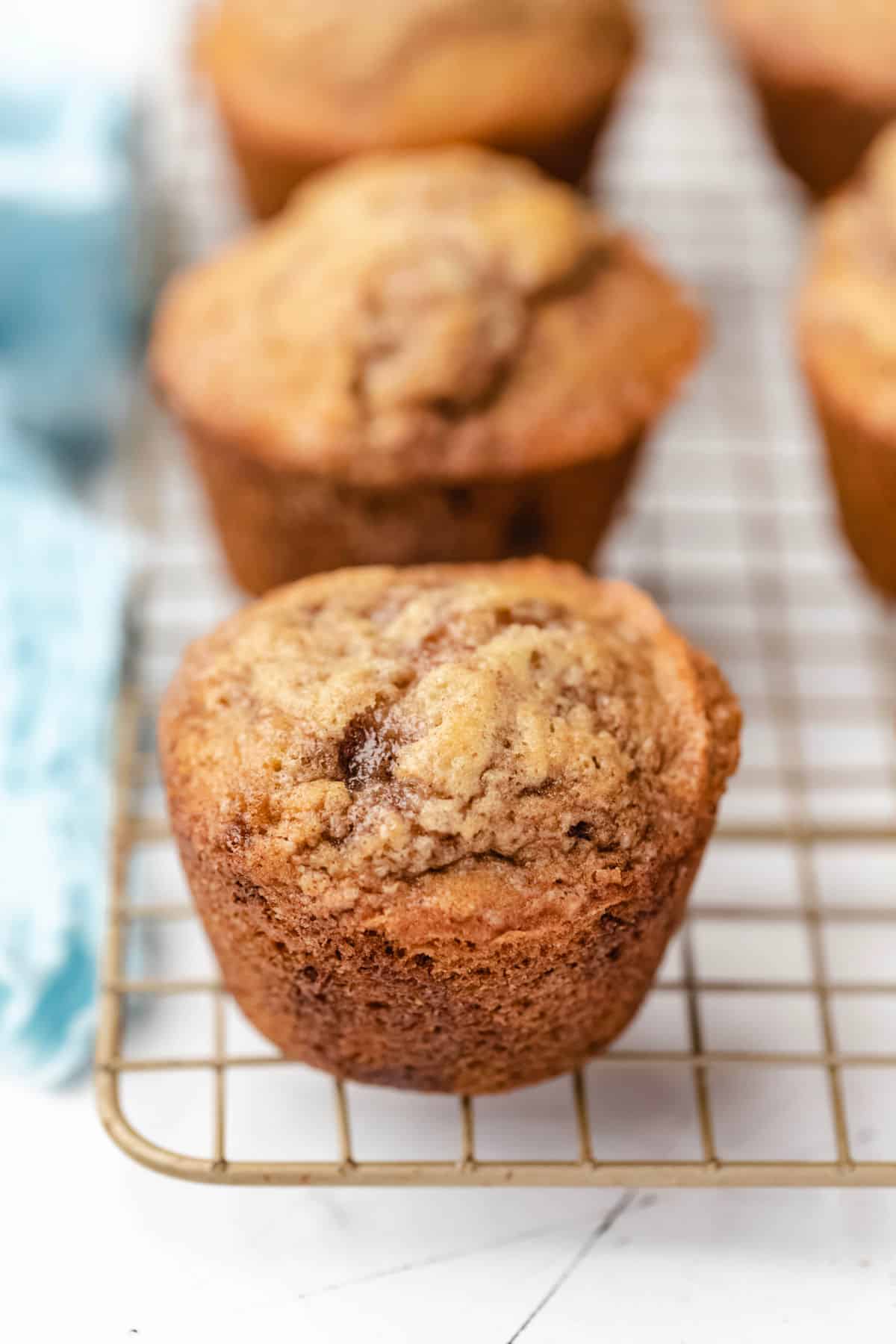 A row of cinnamon muffins on a wire cooling rack. 
