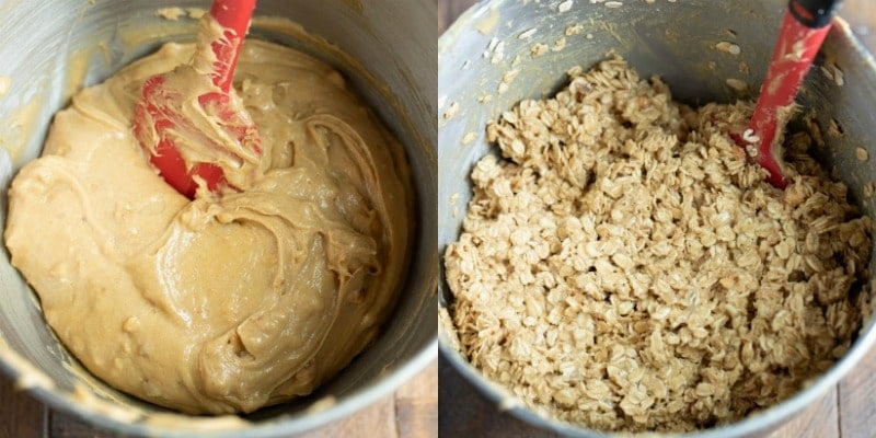 Peanut butter and oatmeal in a bowl for monster cookies